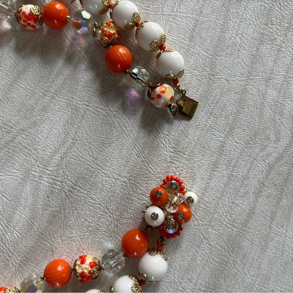 Vintage Wedding Cake Double Strand Glass Beads Orange Necklace - Picture 5 of 6